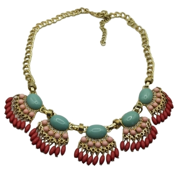 J. Crew Jewelry - J Crew Beaded Statement Necklace Fan Colorful Multicolor Gold Tone Fringe Dangle